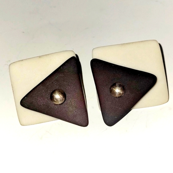 Ceramic Geometric Black & Ivory w/Brushed Silver Stud Earrings, Handmade - Picture 4 of 6